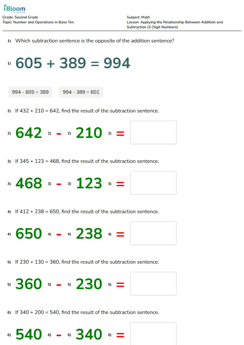 Free Applying the Relationship Between Addition and Subtraction (3-Digit Numbers) Worksheets for Grade 2