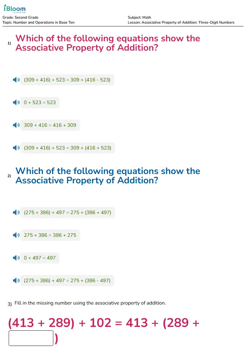 Free Associative Property of Addition: Three-Digit Numbers Worksheets for Grade 2