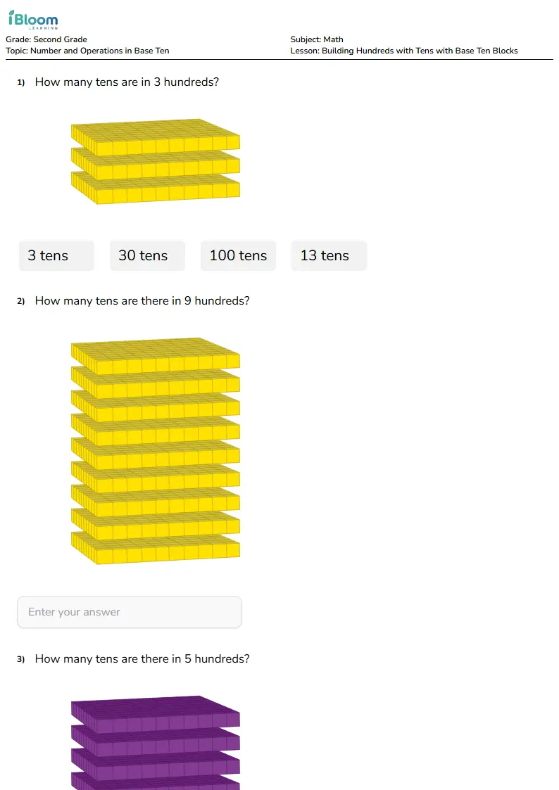 Free Building Hundreds with Tens with Base Ten Blocks Worksheets for Grade 2