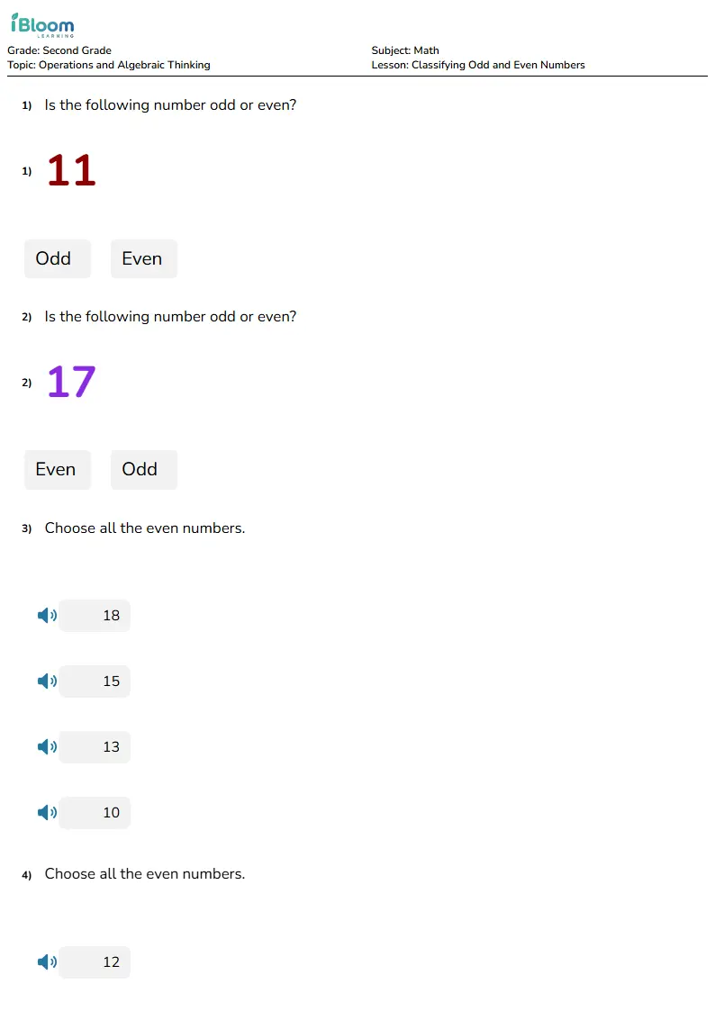 Free Classifying Odd and Even Numbers Worksheets for Grade 2