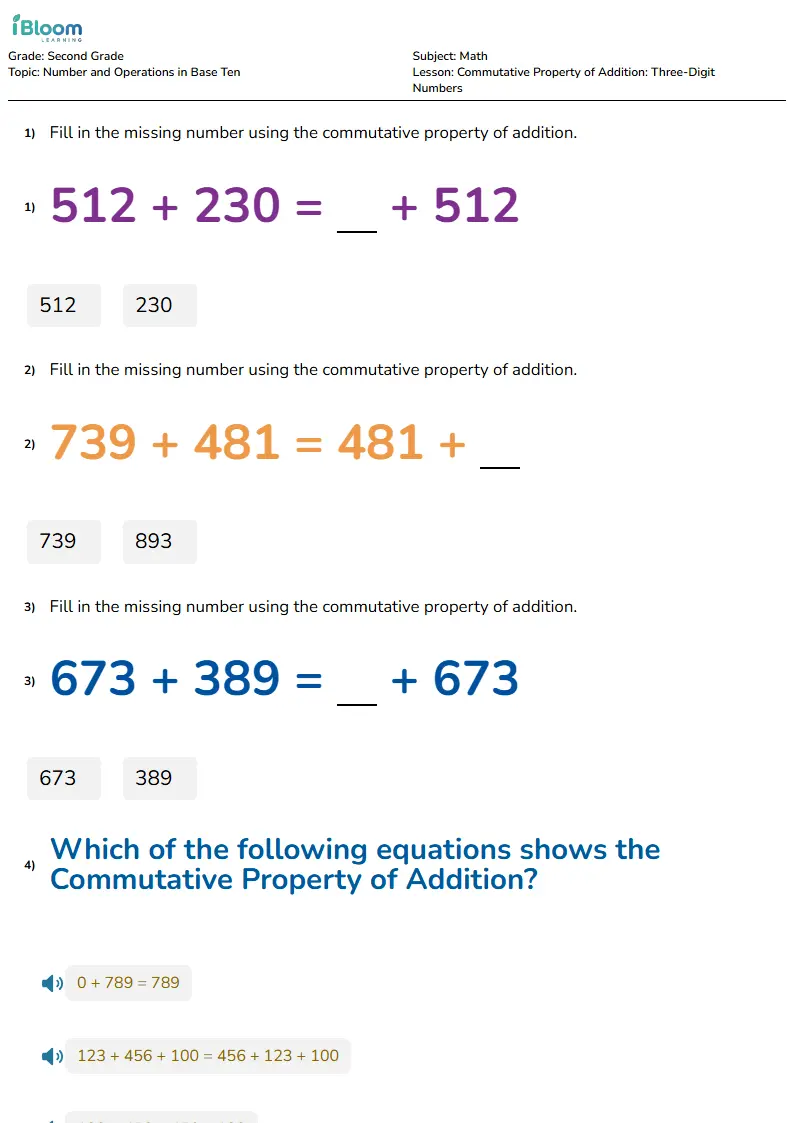 Free Commutative Property of Addition: Three-Digit Numbers Worksheets for Grade 2