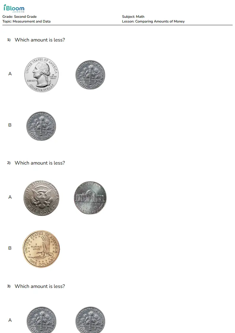 Free Comparing Amounts of Money Worksheets for Second Grade
