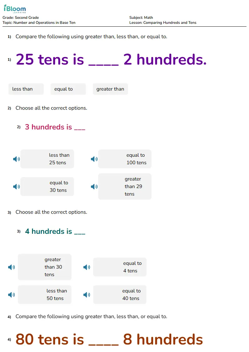 Free Comparing Hundreds and Tens Worksheets for Grade 2