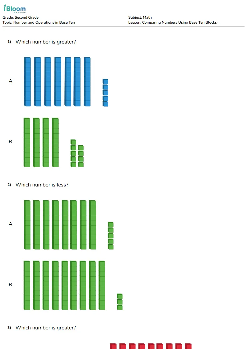 Free Comparing Numbers Using Base Ten Blocks Worksheets for Grade 2