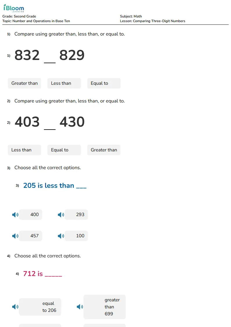 Free Comparing Three-Digit Numbers Worksheets for Grade 2