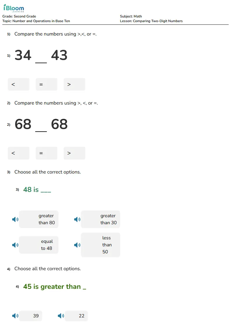 Free Comparing Two-Digit Numbers Worksheets for Second Grade | iBloom