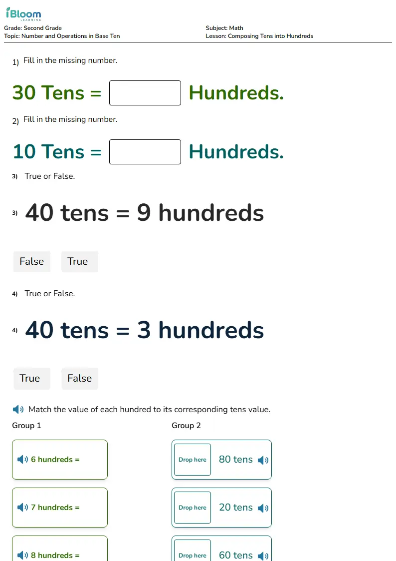 Free Composing Tens into Hundreds Worksheets for Second Grade | iBloom