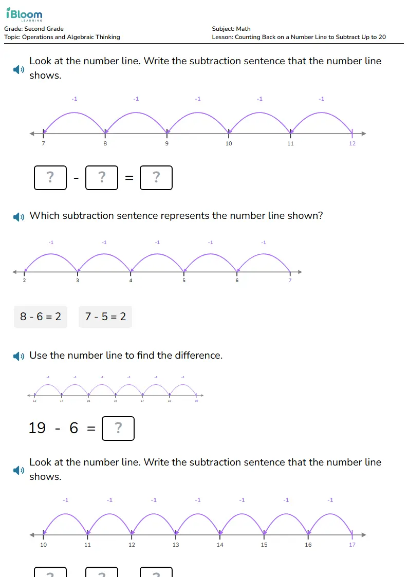 Free Counting Back on a Number Line to Subtract Up to 20 Worksheets for Second Grade | iBloom