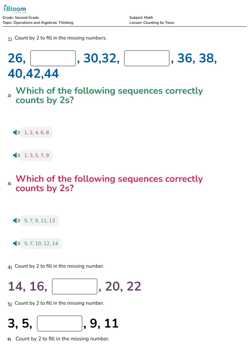 Free Counting by Twos Worksheets for Second Grade | iBloom
