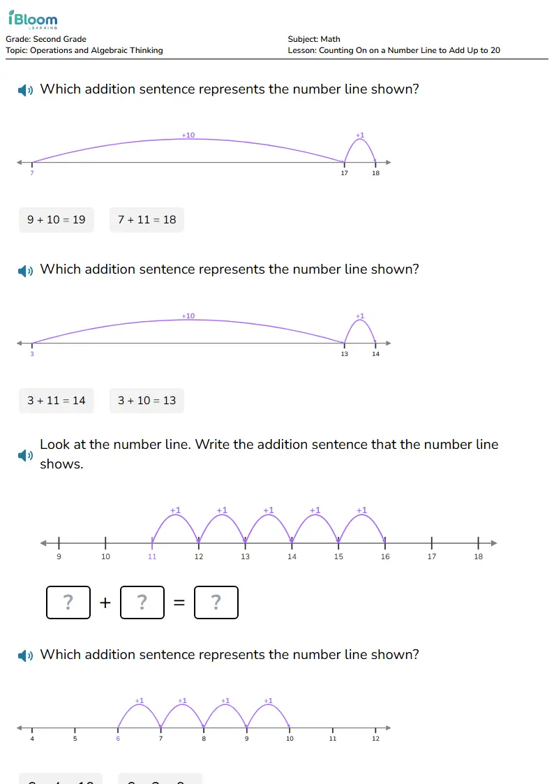 Free Counting On on a Number Line to Add Up to 20 Worksheets for Second Grade | iBloom