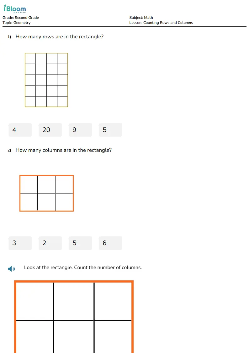 Free Counting Rows and Columns Worksheets for Second Grade | iBloom