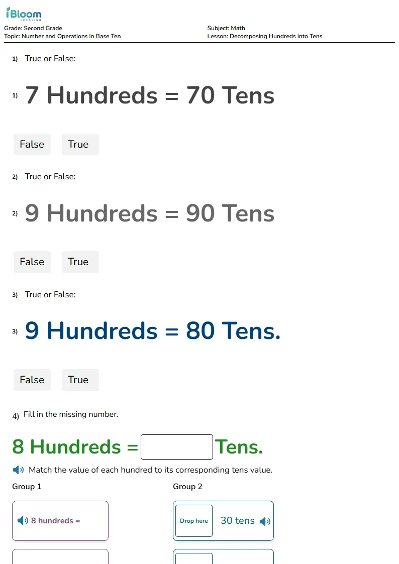 Free Decomposing Hundreds into Tens Worksheets for Second Grade | iBloom