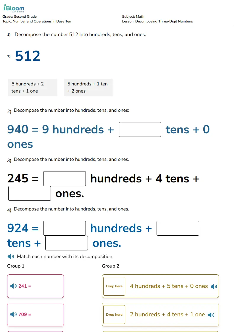 Free Decomposing Three-Digit Numbers Worksheets for Second Grade | iBloom