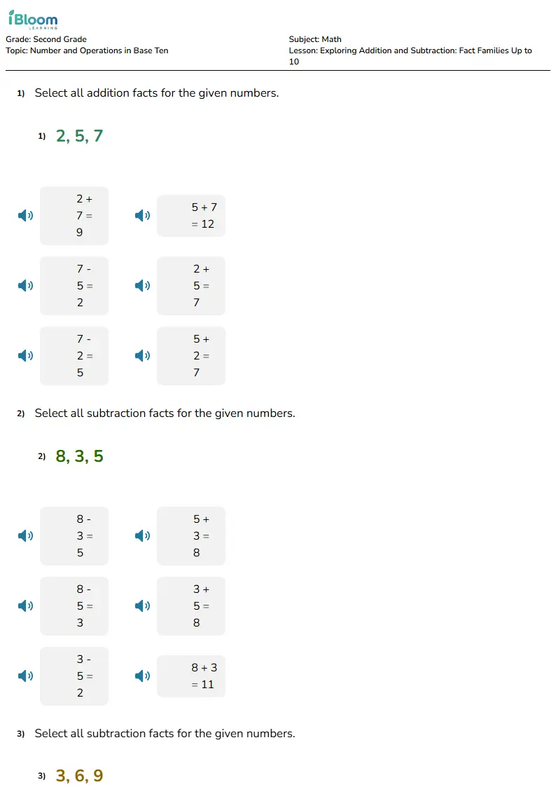 Free Exploring Addition and Subtraction: Fact Families Up to 10 Worksheets for Second Grade | iBloom
