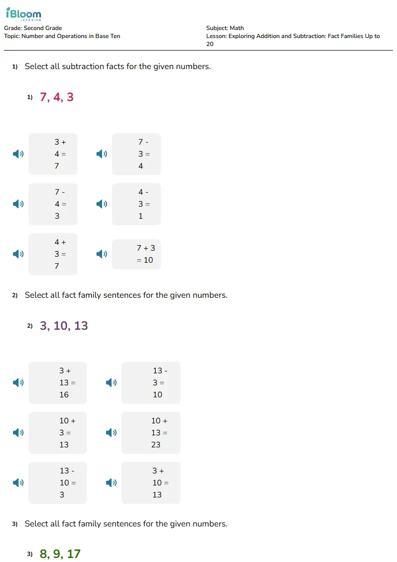 Free Exploring Addition and Subtraction: Fact Families Up to 20 Worksheets for Second Grade | iBloom