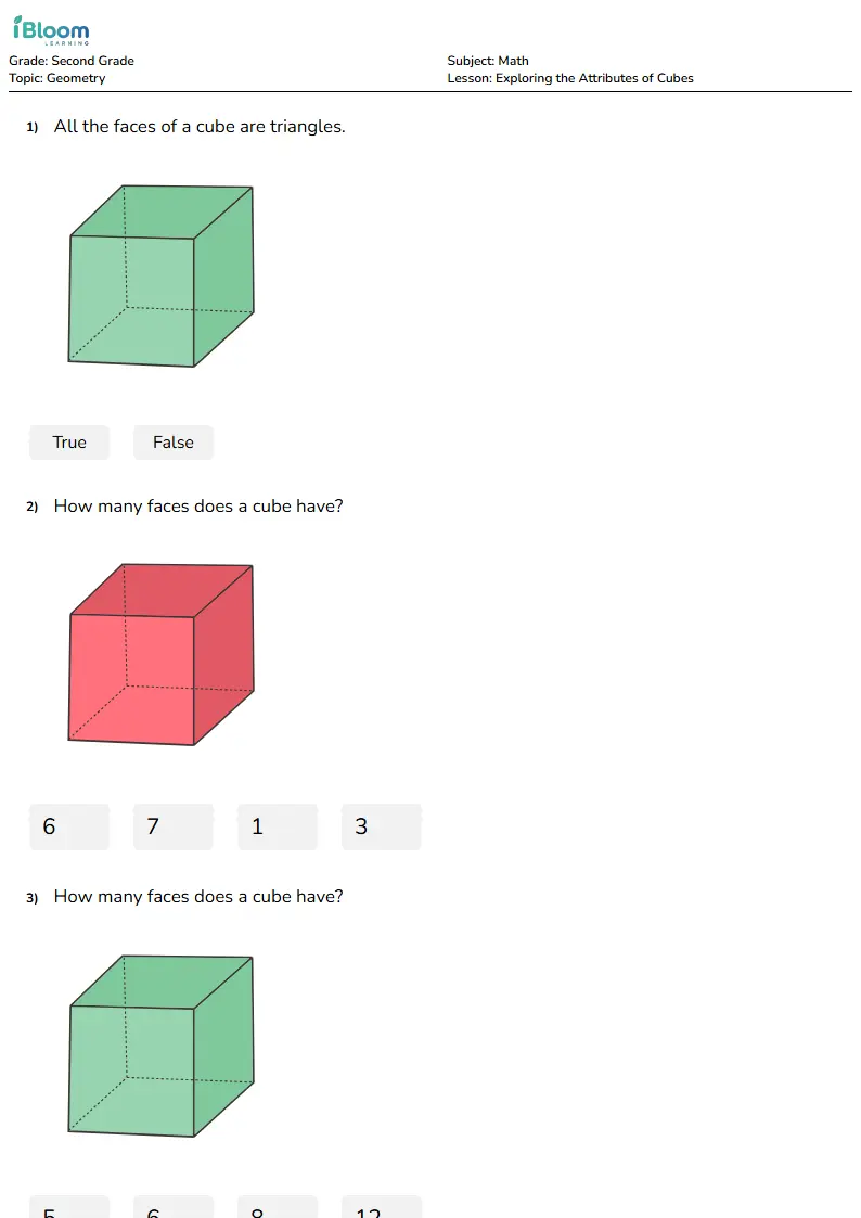 Free Exploring the Attributes of Cubes Worksheets for Second Grade | iBloom