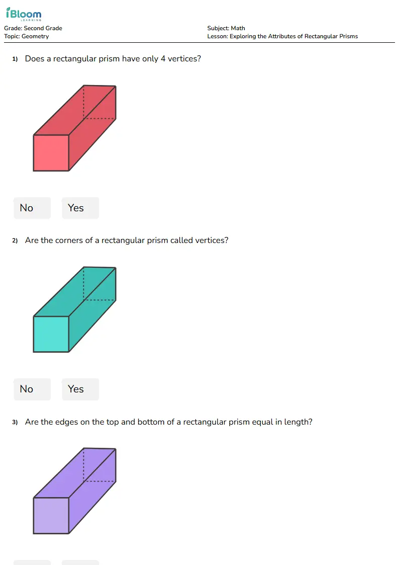 Free Exploring the Attributes of Rectangular Prisms Worksheets for Second Grade | iBloom