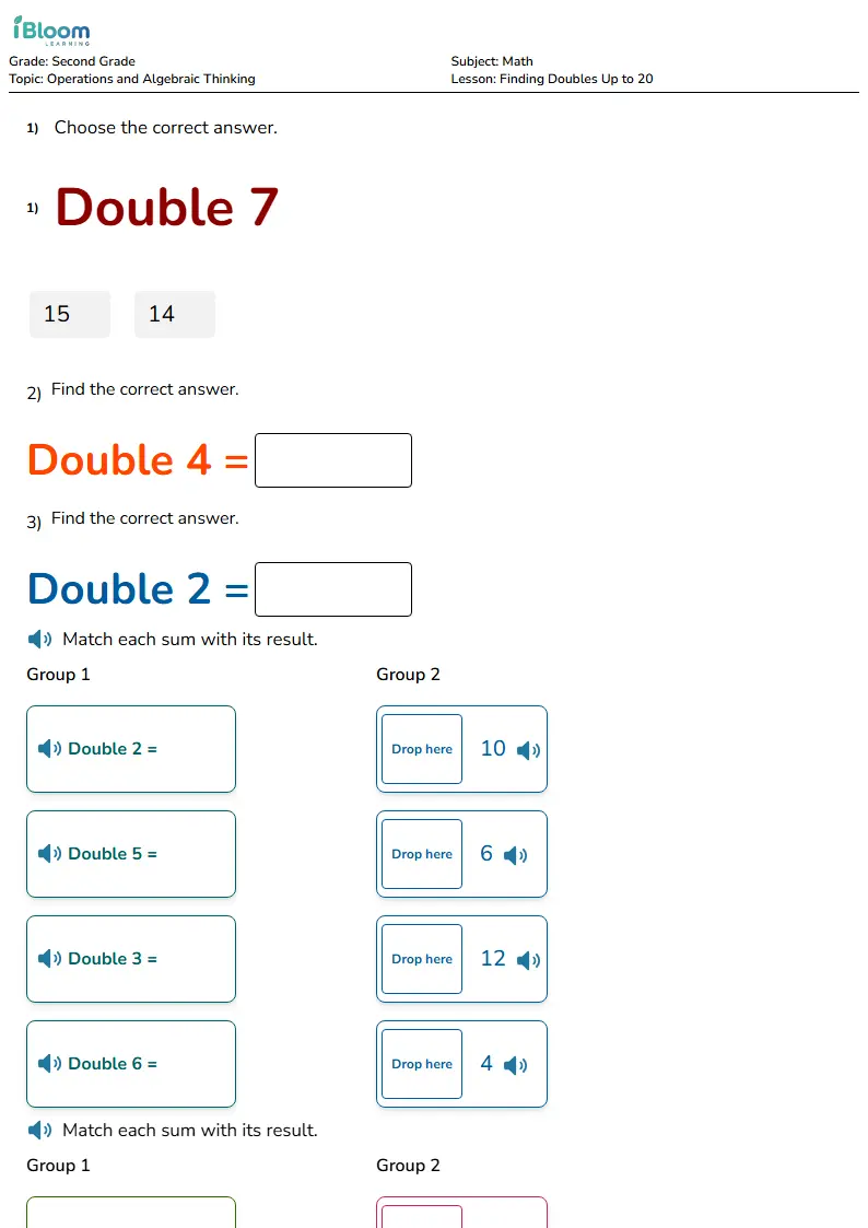 Free Finding Doubles Up to 20 Worksheets for Second Grade | iBloom
