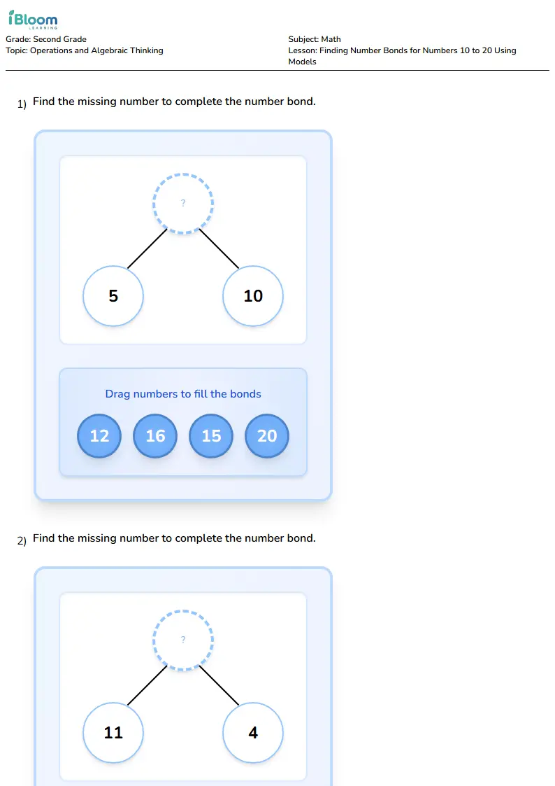 Free Finding Number Bonds for Numbers 10 to 20 Using Models Worksheets for Second Grade | iBloom