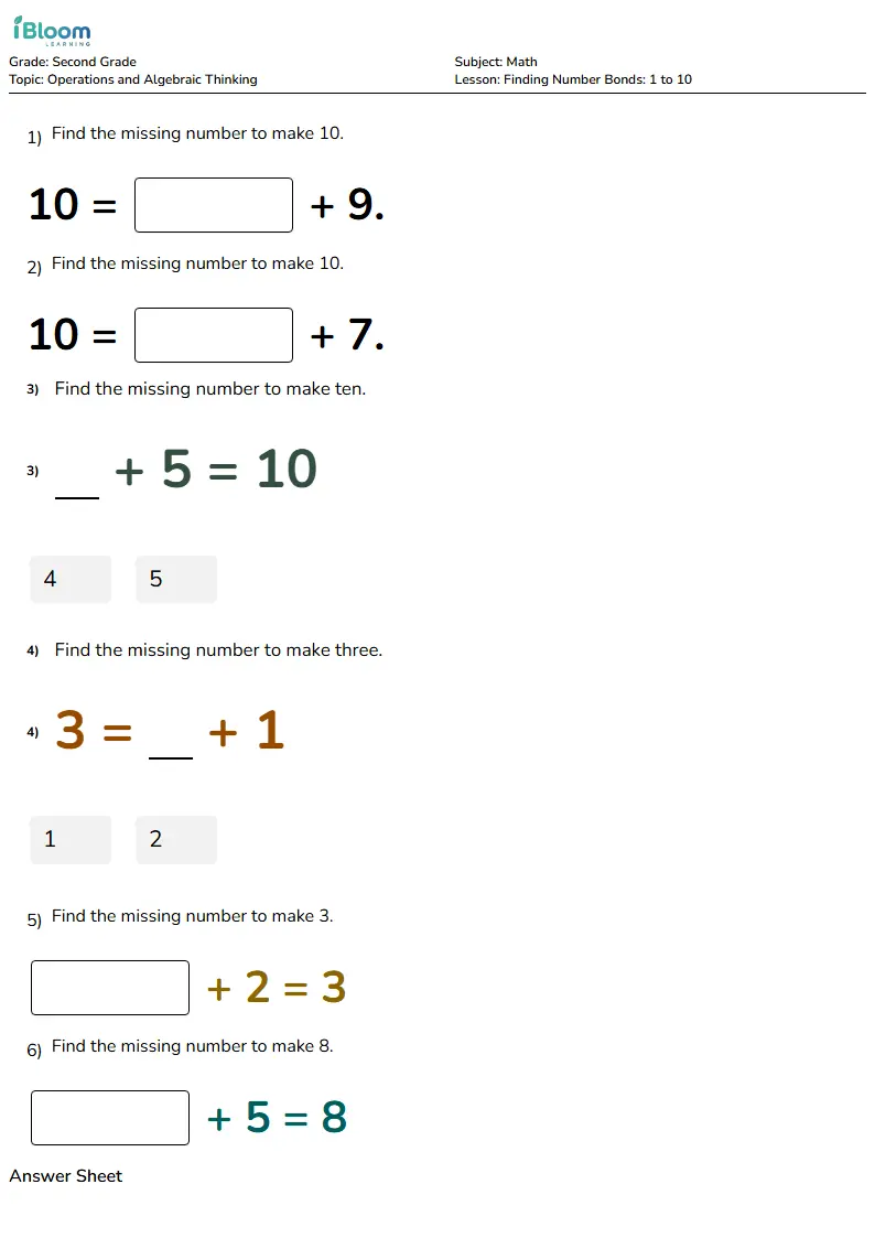 Free Finding Number Bonds: 1 to 10 Worksheets for Second Grade | iBloom