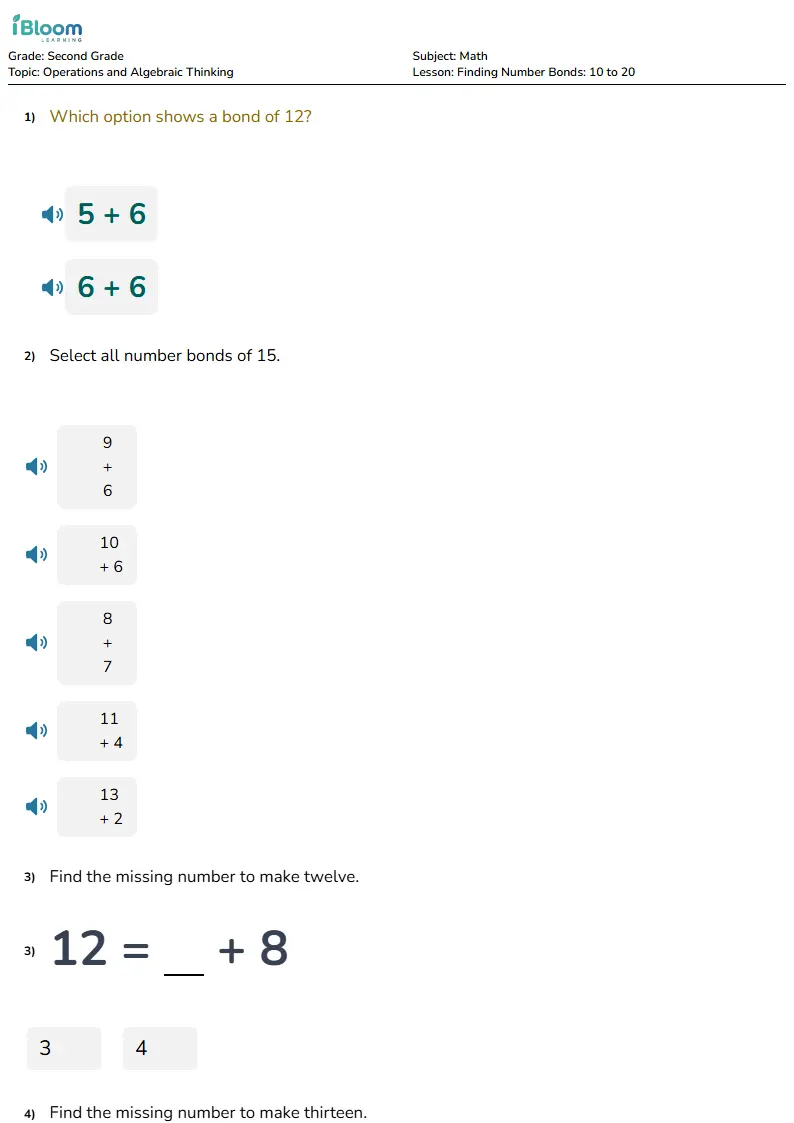 Free Finding Number Bonds: 10 to 20 Worksheets for Second Grade | iBloom