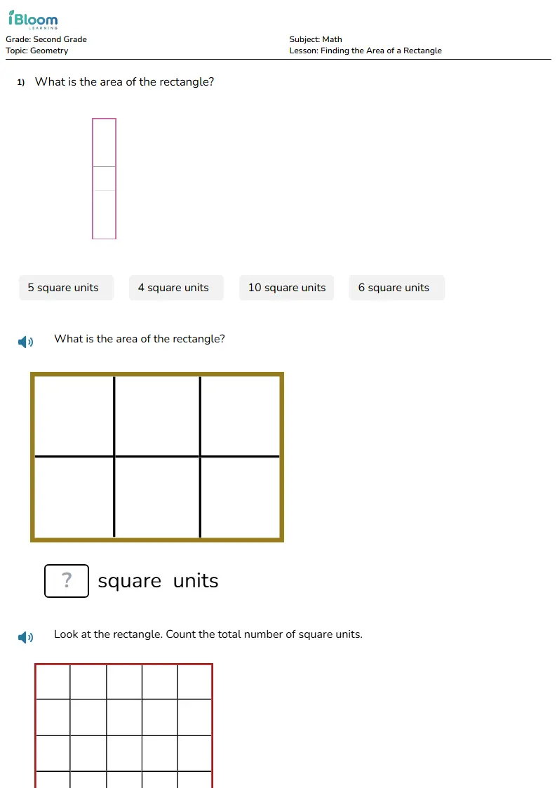 Free Finding the Area of a Rectangle Worksheets for Second Grade | iBloom