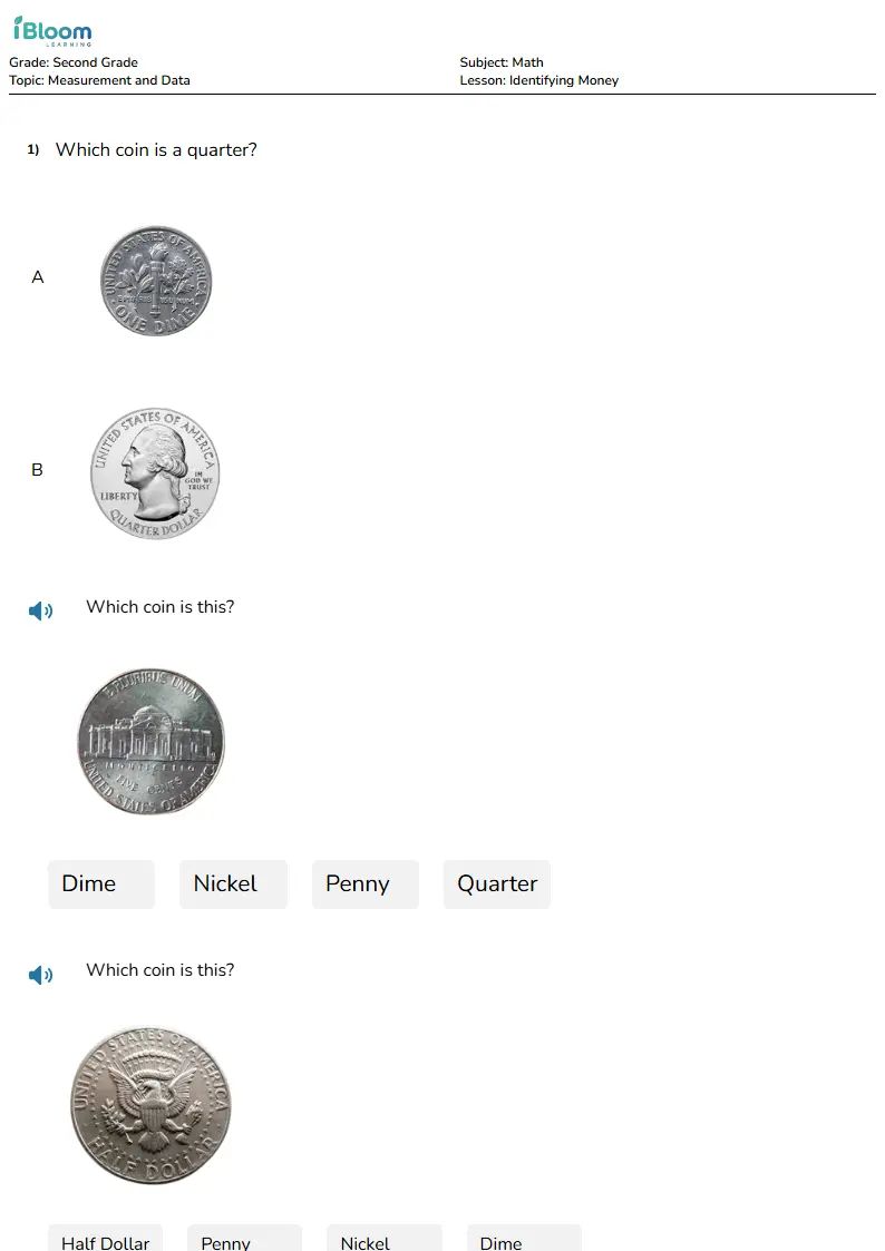Free Identifying Money Worksheets for Second Grade | iBloom