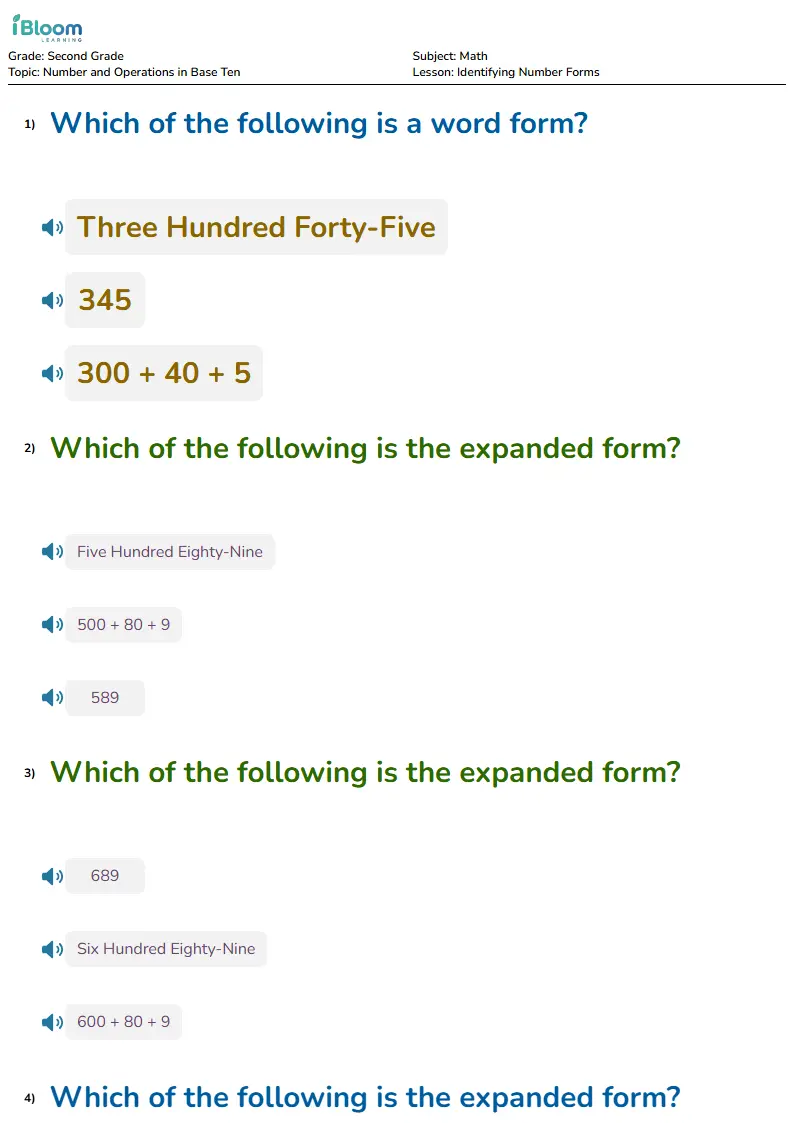 Free Identifying Number Forms Worksheets for Second Grade | iBloom