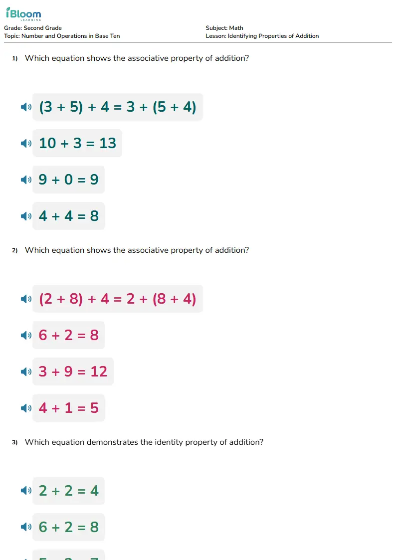 Free Identifying Properties of Addition Worksheets for Second Grade | iBloom