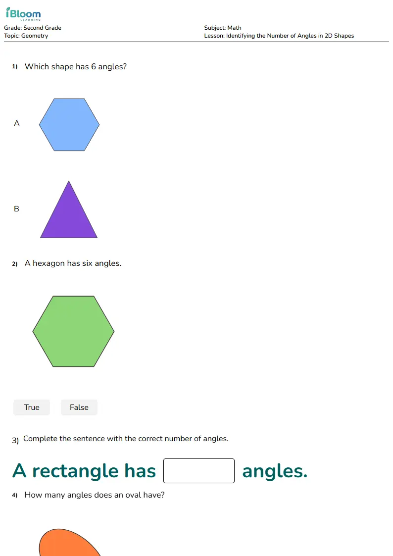 Free Identifying the Number of Angles in 2D Shapes Worksheets for Second Grade | iBloom