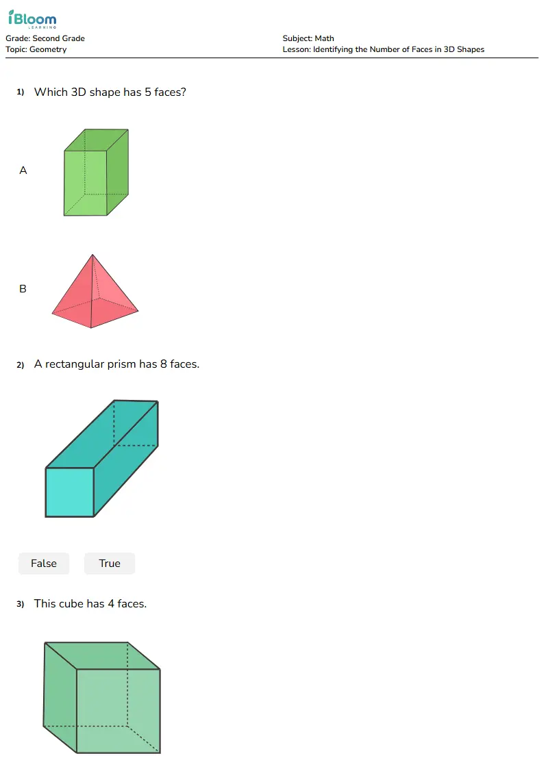 Free Identifying the Number of Faces in 3D Shapes Worksheets for Second Grade | iBloom