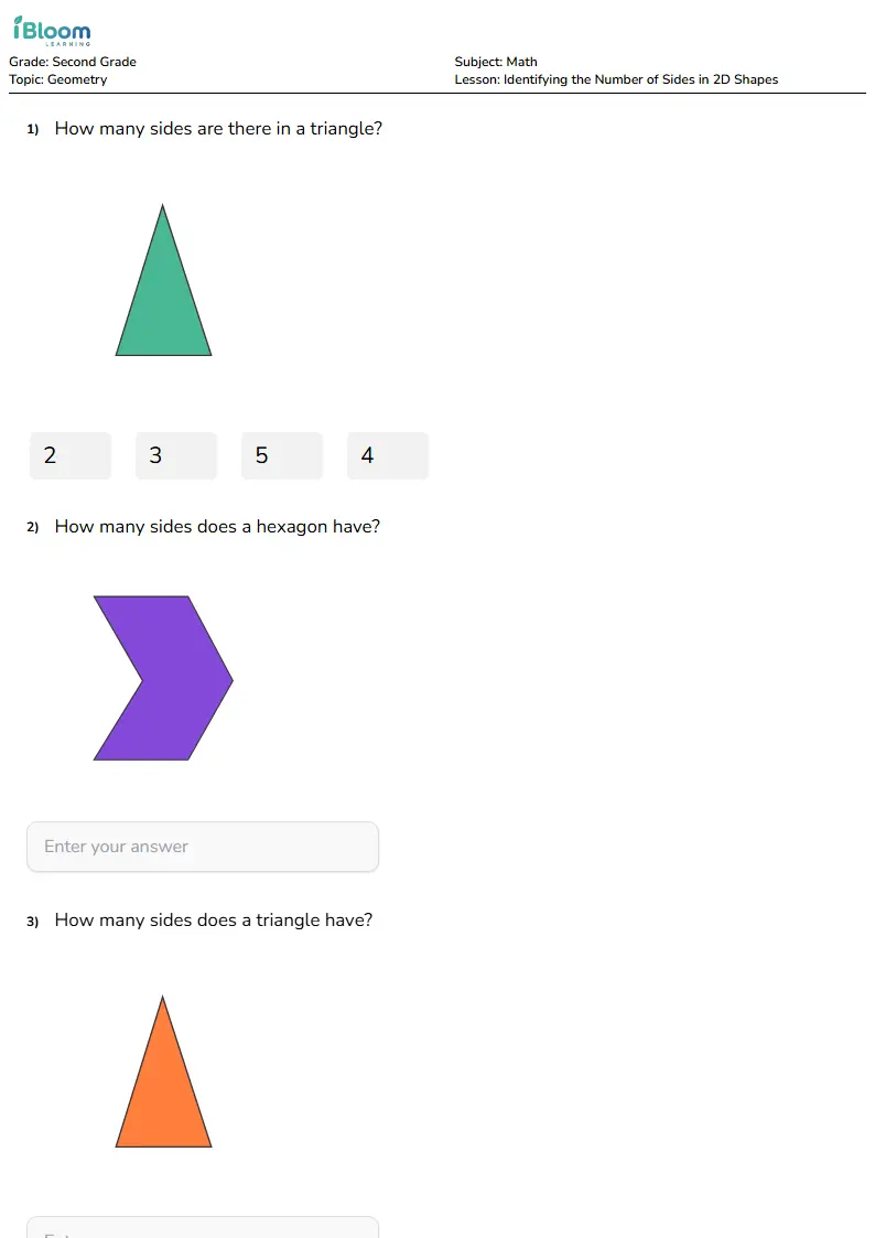 Free Identifying the Number of Sides in 2D Shapes Worksheets for Second Grade | iBloom