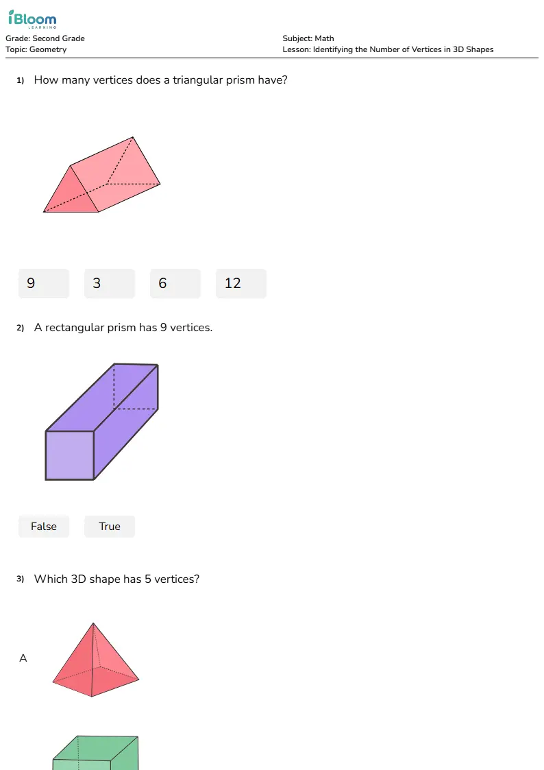 Free Identifying the Number of Vertices in 3D Shapes Worksheets for Second Grade | iBloom