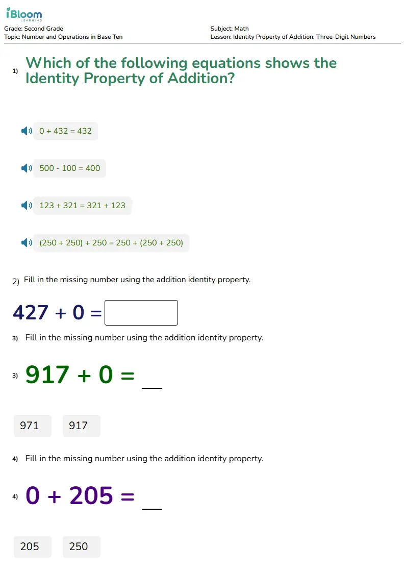 Free Identity Property of Addition: Three-Digit Numbers Worksheets for Second Grade | iBloom