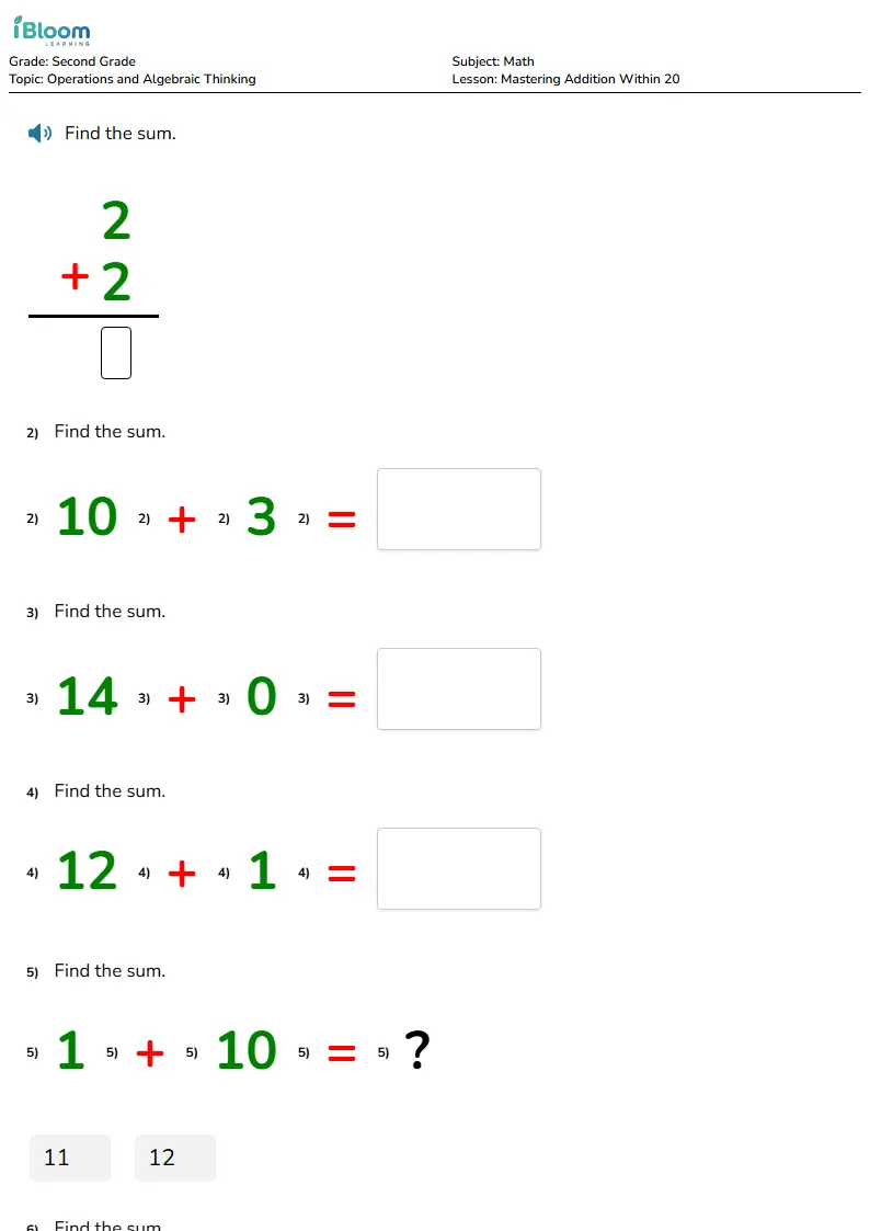 Free Mastering Addition Within 20 Worksheets for Second Grade | iBloom