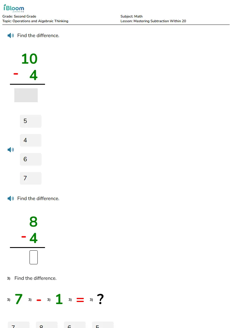 Free Mastering Subtraction Within 20 Worksheets for Second Grade | iBloom