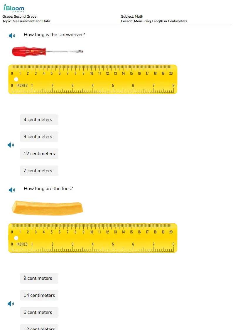Free Measuring Length in Centimeters Worksheets for Second Grade | iBloom