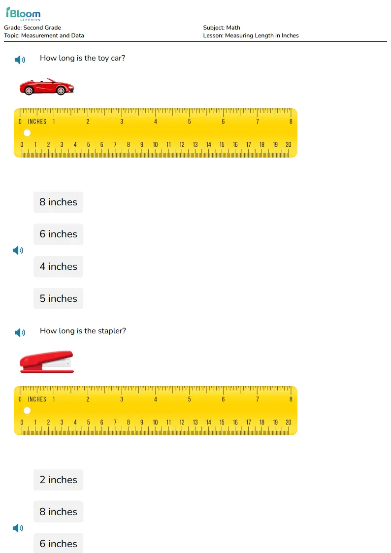 Free Measuring Length in Inches Worksheets for Second Grade | iBloom