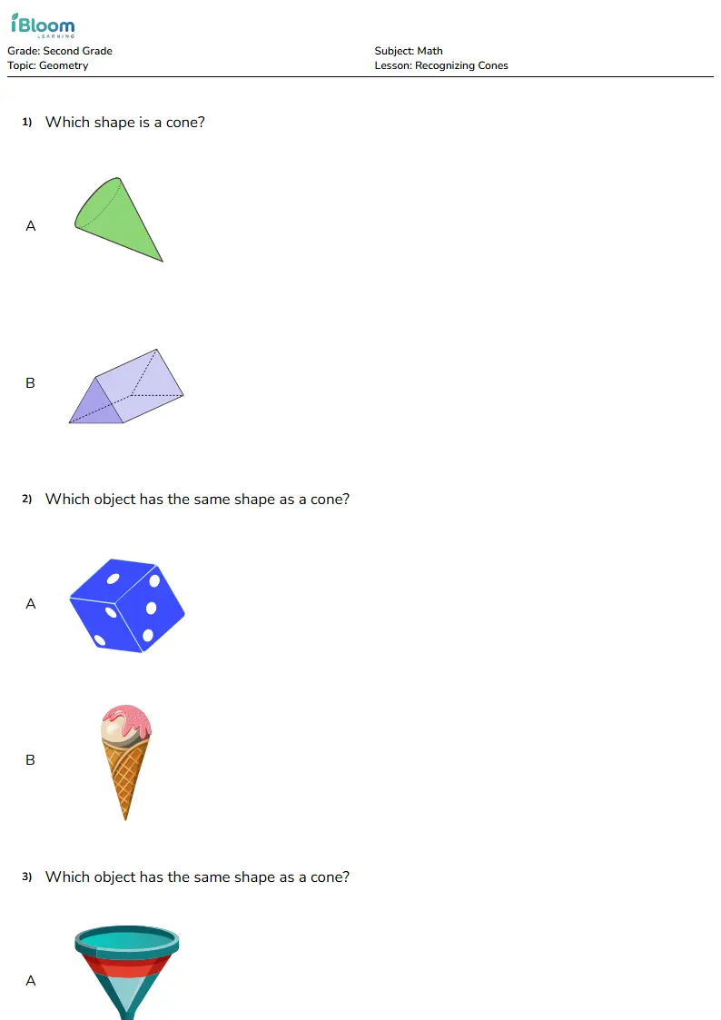 Free Recognizing Cones Worksheets for Second Grade | iBloom