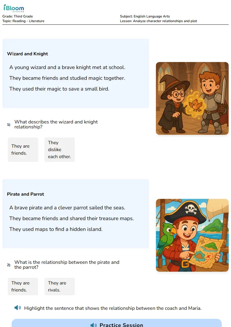 Free Analyze character relationships and plot Worksheets for Third Grade