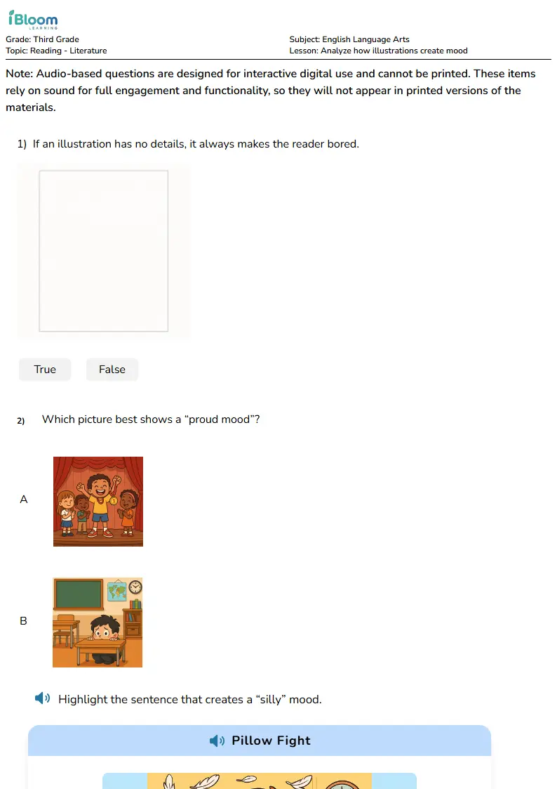 Free Analyze how illustrations create mood Worksheets for Third Grade