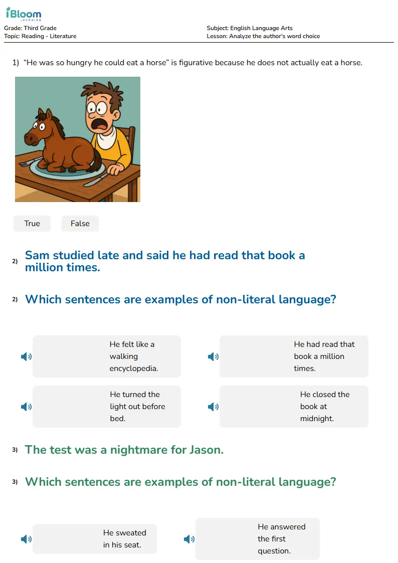 Free Analyze the author's word choice Worksheets for Third Grade