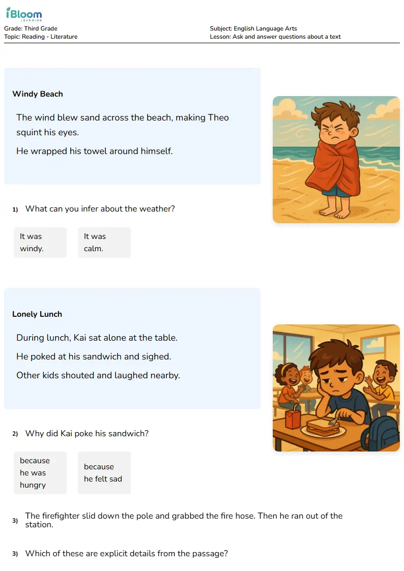Free Ask and answer questions about a text Worksheets for Third Grade