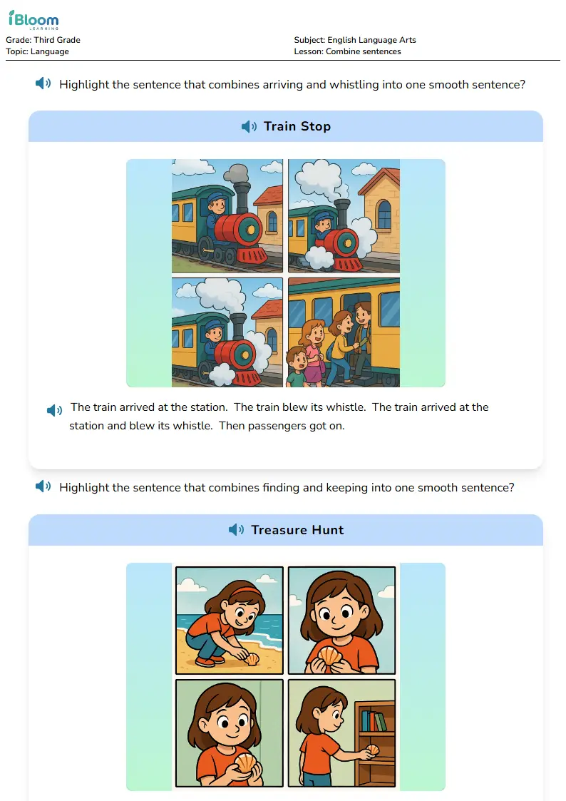 Free Combine sentences Worksheets for Third Grade