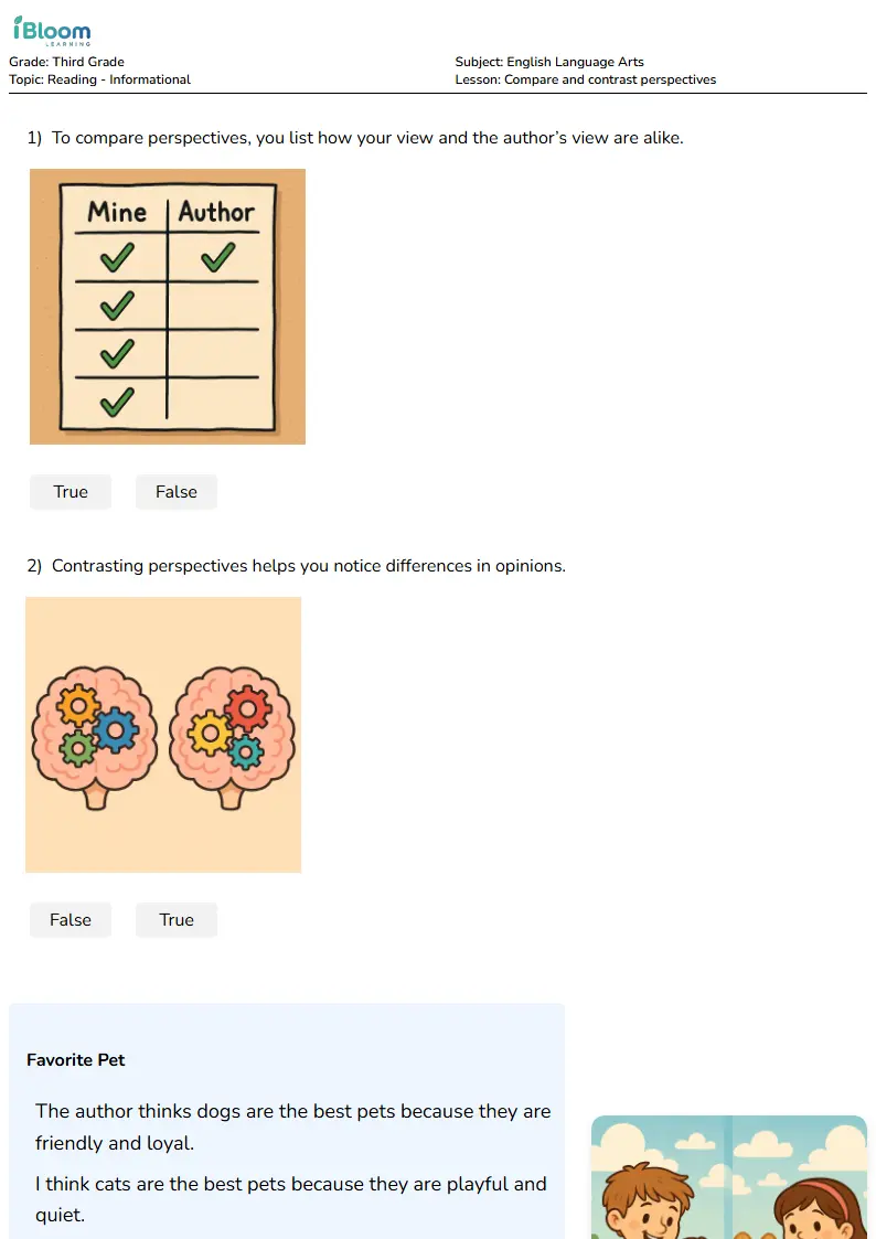 Free Compare and contrast perspectives Worksheets for Third Grade