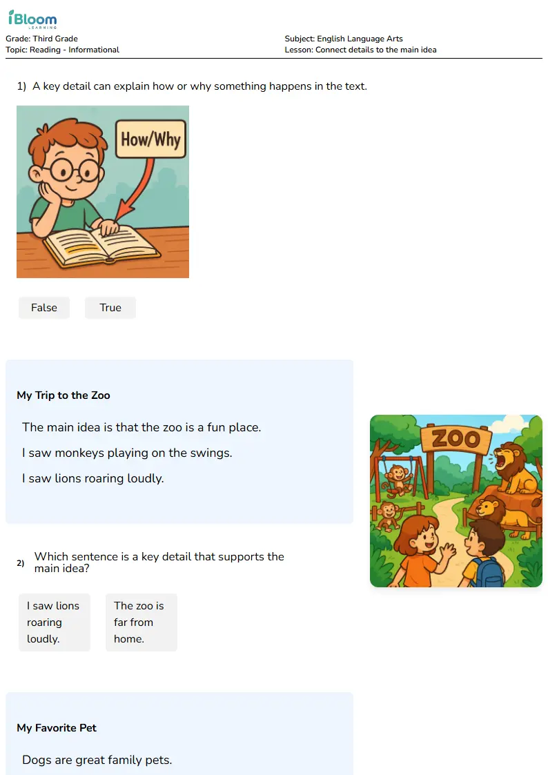 Free Connect details to the main idea Worksheets for Third Grade