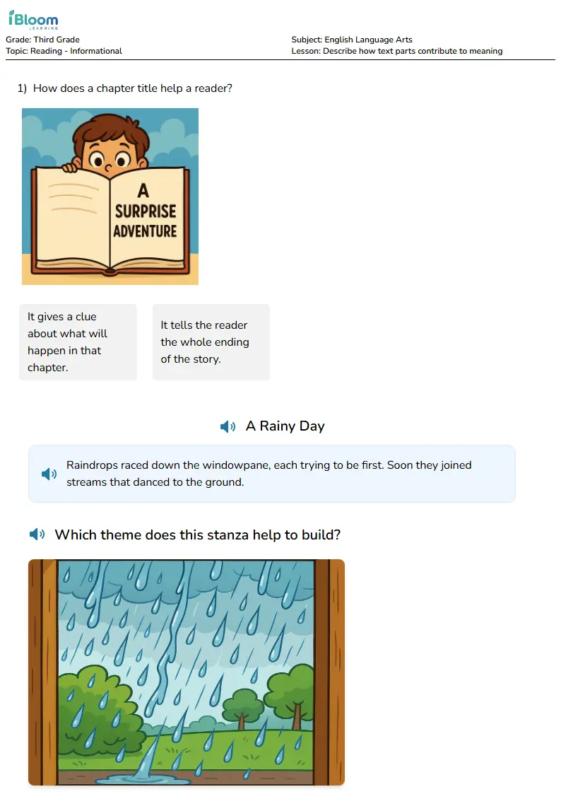 Free Describe how text parts contribute to meaning Worksheets for Third Grade