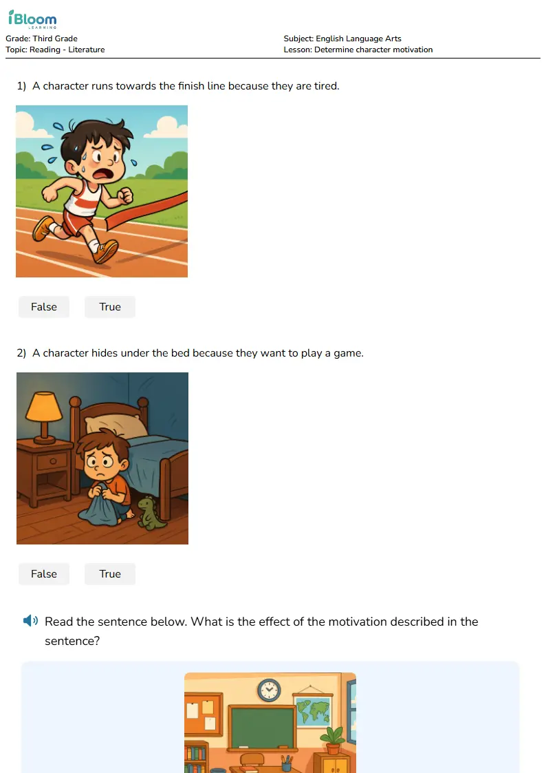 Free Determine character motivation Worksheets for Third Grade