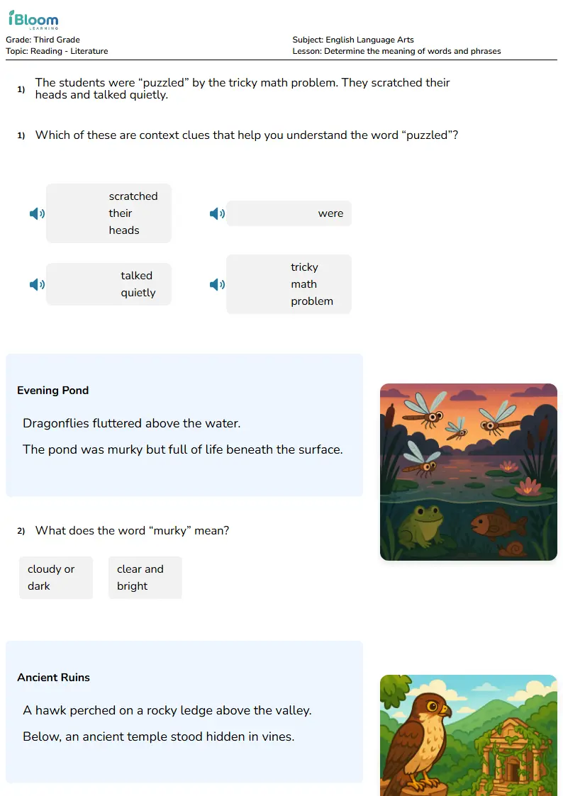 Free Determine the meaning of words and phrases Worksheets for Third Grade