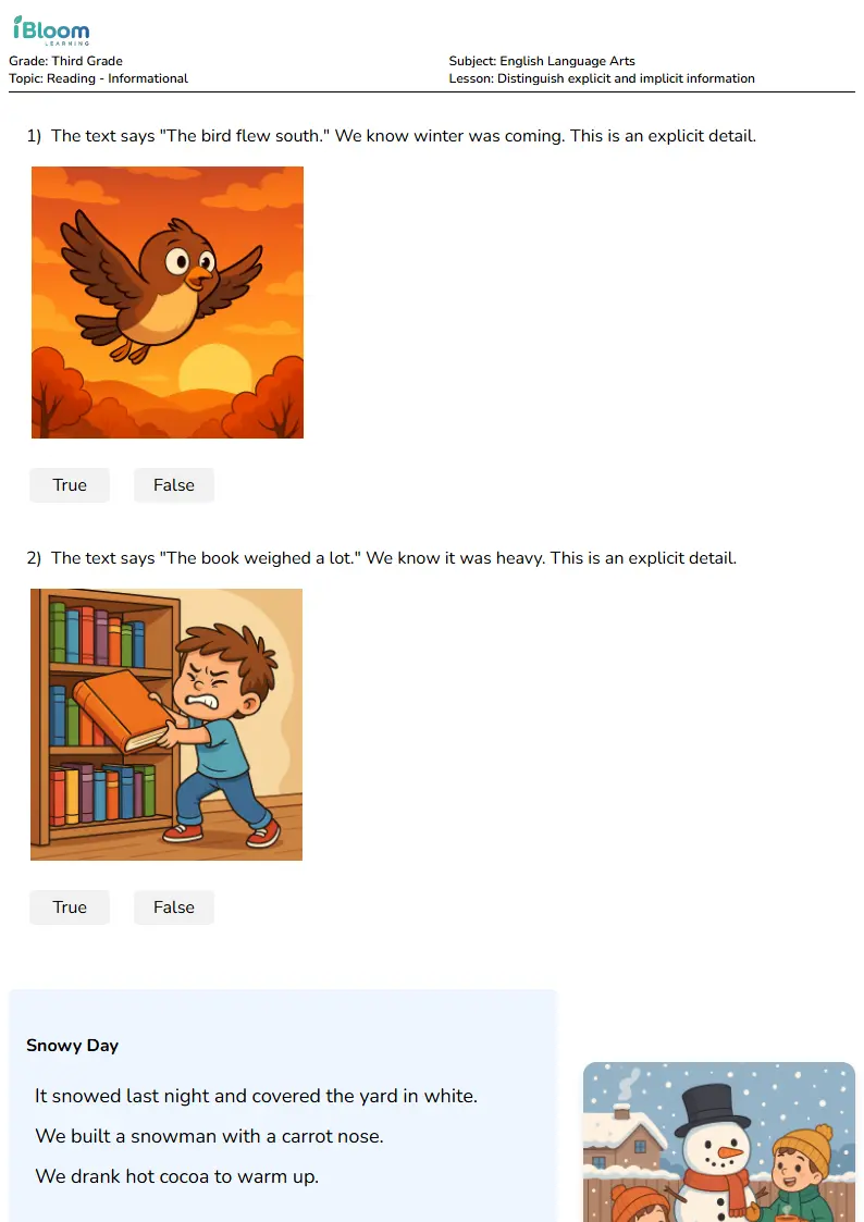 Free Distinguish explicit and implicit information Worksheets for Third Grade